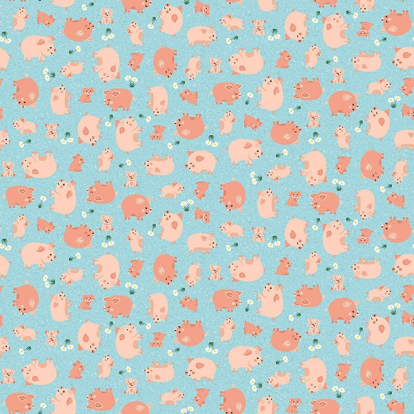 Makower - Fun on the Farm Happy Pigs Blue 1/2m